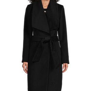Cole Haan Signature Belted Long Wool Wrap Coat, Black Size 8